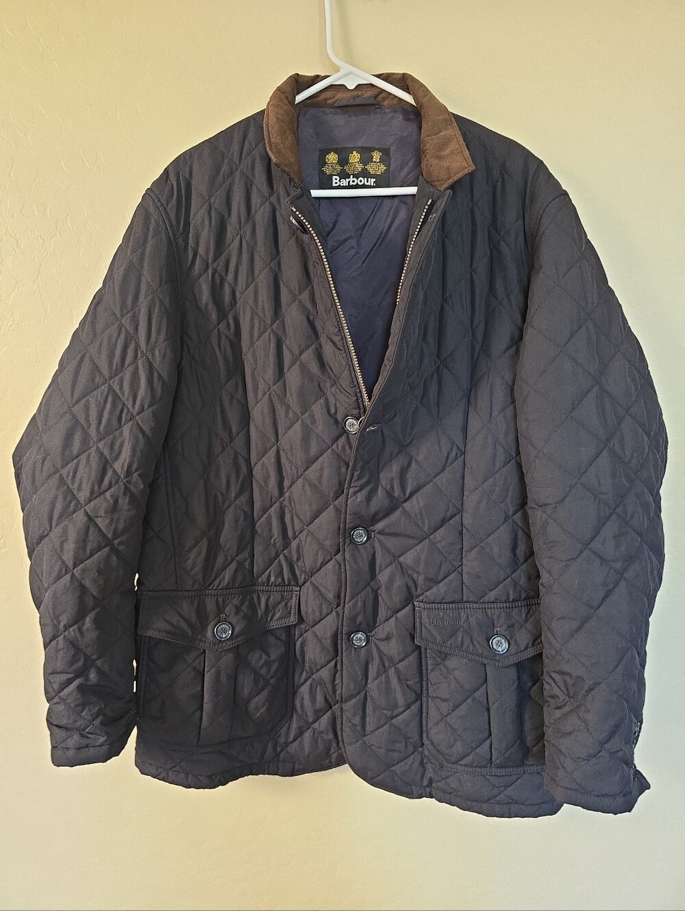 Barbour Quilted Black Puffer Jacket with Brown Corduroy Collar
